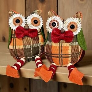 Anthropomorphic Owl Plush Pillow Dolls Shelf Sitters Plaid Farmhouse Fall Set/2